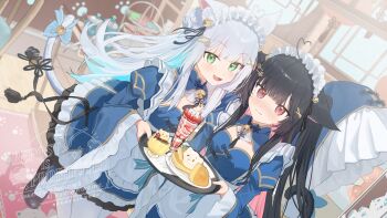 2girls ahoge animal_ears apron bell black_hair black_shoes blue_bow blue_dress bow brown_eyes cat_ears cat_girl cat_tail cleavage_cutout clothing_cutout commentary_request commission dress food frilled_dress frilled_sleeves frills green_eyes heart heart_ahoge highres hiiragi_mikoto holding holding_tray indie_virtual_youtuber indoors lattice layered_dress long_hair long_sleeves looking_at_viewer maid_headdress multiple_girls neck_bell nekomiya_shiromi_(vtuber) parfait pastry pudding second-party_source shoes strawberry_parfait tail tail_bow tail_ornament tray twintails very_long_hair virtual_youtuber watermark white_apron white_hair white_headdress wide_sleeves