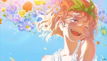 Rule 34 | 1girl, absurdres, anthony blazze, bare shoulders, blue eyes, blush, collarbone, commentary, day, english commentary, flower, go-toubun no hanayome, green ribbon, hair flower, hair ornament, hair ribbon, happy, highres, nakano yotsuba, one eye closed, open mouth, orange hair, portrait, ribbon, short hair, signature, sky