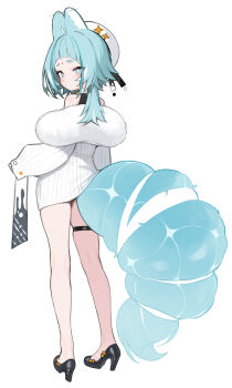 1girl absurdres animal_ears bare_legs blue_hair blue_tail facial_mark forehead_mark fur_trim hat high_heels highres hoshi_usagi mercedes_(hoshi_usagi) needle original thick_eyebrows thigh_strap