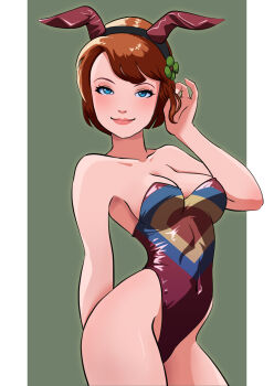 1girl animal_ears blue_eyes blush breasts brown_hair chargeman_ken! cleavage collarbone fake_animal_ears flower green_background green_flower hair_flower hair_ornament highleg highleg_leotard highres leotard looking_at_viewer medium_breasts nagisa-sensei oira_wa_arumajiro playboy_bunny purple_leotard rabbit_ears short_hair smile standing