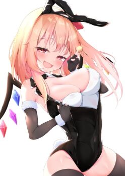 1girl :d animal_ears black_gloves black_leotard black_thighhighs blush breasts cleavage coin commentary_request covered_erect_nipples crystal_wings elbow_gloves fang fingerless_gloves flandre_scarlet food gloves large_breasts leotard long_hair open_mouth part1550105 playboy_bunny pudding rabbit_ears rabbit_tail red_eyes simple_background skin_fang smile solo tail thighhighs touhou white_background wings