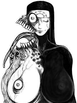 1girl breasts closed_eyes covered_erect_nipples double_(skullgirls) extra_eyes extra_mouth greyscale highres huge_breasts monochrome monster monster_girl nun pharaoh13 skullgirls smile solo upper_body veins white_background