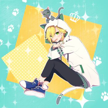 1boy animal animal_ears animal_hood animal_on_head blonde_hair blue_shoes blush cat cat_ears cat_hood cat_on_head cat_tail drawn_crown drawstring elbow_rest fake_animal_ears fake_tail flipped_hair from_side full_body green_background green_eyes green_hoodie grey_pants hair_between_eyes highres hood hood_up hoodie knees_up long_sleeves looking_at_viewer male_focus nijisanji no_socks on_head open_mouth pants polka_dot polka_dot_hoodie poteo_(ruma_30) shoes short_hair sidelocks sitting sneakers solo sparkle_background tail two-sided_fabric uzuki_kou uzuki_kou_(2nd_costume) v-shaped_eyebrows virtual_youtuber white_hoodie yellow_background