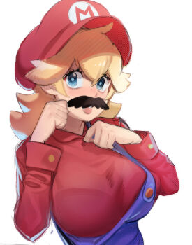 Rule 34 | 1girl, ahoge, blonde hair, blue eyes, blue overalls, blush, bra, bra visible through clothes, breasts, buttons, newsboy cap, clothes writing, cosplay, fake facial hair, fake mustache, hair between eyes, hair flaps, hand on own chest, hat, highres, large breasts, lipstick, long sleeves, looking at viewer, makeup, mario, mario (cosplay), mario (series), medium hair, nintendo, overalls, pink lips, princess peach, red hat, red shirt, shirt, sho-n-d, sidelocks, simple background, solo, super mario bros. 1, underwear, white background