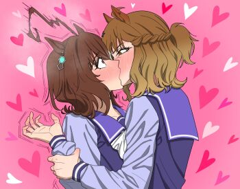 Rule 34 | 2girls, agnes tachyon (umamusume), amai (frfs5423), blush, braid, brown eyes, brown hair, commentary, french kiss, half up braid, heart, highres, holding another's wrist, jungle pocket (umamusume), kiss, multiple girls, pink background, purple sailor collar, purple shirt, red eyes, sailor collar, shirt, sweat, tracen training uniform, trembling, umamusume, untranslatable commentary, yuri