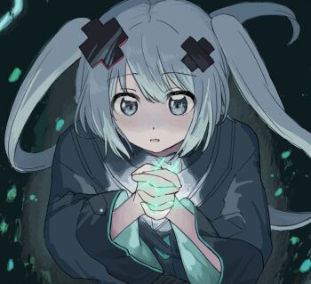 1girl black_shirt commentary grey_eyes grey_hair hair_between_eyes hair_ornament hashtag-only_commentary hatsune_miku ikau_don interlocked_fingers looking_at_viewer project_sekai shirt solo twintails vocaloid x_hair_ornament