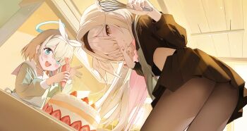 Rule 34 | 2girls, absurdres, apron, arona (blue archive), black hairband, black pantyhose, black serafuku, blue archive, blue eyes, blue serafuku, cake, choker, colored inner hair, commentary request, food, fruit, grey eyes, hairband, halo, highres, holding, holding whisk, icing, indoors, iv (iv70311741), long hair, looking at viewer, medium hair, multicolored hair, multiple girls, pantyhose, plana (blue archive), pleated skirt, school uniform, serafuku, skirt, strawberry, whisk, white choker, white hair, white hairband