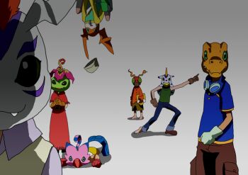 3girls 5boys agumon digimon digimon_adventure gabumon glasses goggles goggles_on_head gomamon hat ishida_yamato izumi_koshiro kido_jo looking_at_viewer multiple_boys multiple_girls palmon patamon piyomon tachikawa_mimi takaishi_takeru takenouchi_sora tentomon what why yagami_taichi
