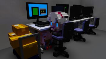 2girls 3d amerika_oh avatar_2.0_project black_dress black_gloves blue_eyes box cabinet cardboard_box chair check_commentary chibi commentary commentary_request computer computer_keyboard crying desk desktop_(computing) dress file_cabinet flatbed_trolley gloves glowing glowing_eyes grey_theme hairband highres indie_virtual_youtuber indoors long_hair monitor multiple_girls musubime_yui office_chair on_floor open_mouth pink_hair red_hairband screen_light shadow sitting swivel_chair teardrop tomari_mari twintails two_side_up under_table virtual_youtuber voxel_art white_hair