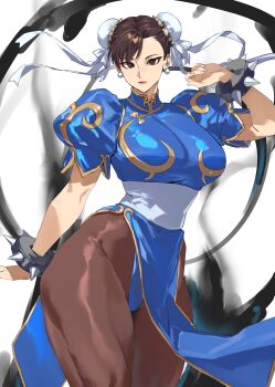 1girl absurdres blue_dress bracelet breasts brown_eyes brown_hair bun_cover capcom china_dress chinese_clothes chinese_commentary chun-li commentary double_bun dress earrings eyeliner gold_trim hair_bun highres jewelry large_breasts makeup pantyhose pelvic_curtain puffy_short_sleeves puffy_sleeves short_sleeves solo spiked_bracelet spikes street_fighter taiyang_yu thick_thighs thighs