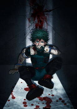 1boy aqua_bodysuit aqua_gloves artist_name beaten belt bleeding blood blood_from_forehead blood_on_clothes blood_on_face blood_on_ground blood_on_wall blood_splatter blood_stain bodysuit boku_no_hero_academia buckle commentary_request covered_mouth crack crack_of_light cracked_wall cross-laced_footwear cuts dirty dirty_clothes freckles furrowed_brow gloves green_eyes green_hair hand_on_floor hand_up highres indoors injury knees_apart_feet_together knees_up looking_at_viewer male_focus midoriya_izuku pain partial_commentary raru_(remsor076) red_belt shadow shoe_soles short_bangs short_hair sitting snap-fit_buckle solo torn_clothes uneven_eyes v-shaped_eyebrows white_gloves wiping_face wiping_mouth