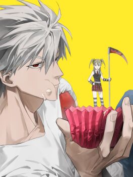 Rule 34 | 1boy, 1girl, adapted costume, amane misa, amane misa (cosplay), arm warmers, black vest, blonde hair, blue pants, collared shirt, cosplay, cupcake, food, food on face, full moon, grey hair, hair between eyes, half updo, hashtag-only commentary, highres, holding, holding scythe, jjy249, l (death note), l (death note) (cosplay), long hair, maka albarn, messy hair, moon, pants, plaid clothes, plaid skirt, red eyes, red skirt, scythe, shirt, short hair, skirt, sleeveless, sleeveless shirt, soul eater, soul evans, striped arm warmers, striped clothes, striped thighhighs, thighhighs, twintails, vest, white shirt, yellow background