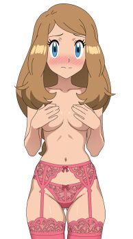 Rule 34 | 1girl, blue eyes, blush, breasts, brown hair, closed mouth, collarbone, commentary, covering breasts, covering privates, cowboy shot, eyelashes, garter belt, garter straps, highres, lingerie, long hair, looking at viewer, medium breasts, mnkr98, navel, nintendo, panties, pink garter belt, pink garter straps, pink panties, pink thighhighs, pokemon, pokemon (anime), pokemon the series: xy, raised inner eyebrows, serena (pokemon), simple background, solo, split mouth, thighhighs, topless female, underwear, white background