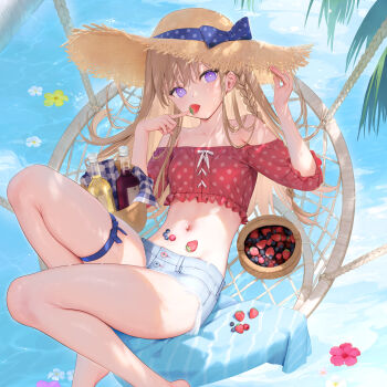 1girl alcohol blue_shorts bottle breasts bright_pupils brown_hair brown_hat commentary english_commentary eshi_100_nin_ten food fruit hat highres long_hair looking_at_viewer midriff mignon navel original polka_dot polka_dot_shirt purple_eyes red_shirt shirt shorts small_breasts solo straw_hat strawberry thigh_strap thighs white_pupils wine
