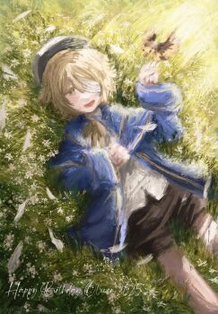 1boy 2025 :d bandage_over_one_eye bird black_shorts blonde_hair blue_coat character_name coat commentary english_commentary happy_birthday hat highres jacket james_(vocaloid) lying male_focus oliver_(vocaloid) open_clothes open_jacket open_mouth sali_(salitawanaka_21) shirt shorts smile solo vocaloid white_hat white_shirt yellow_eyes