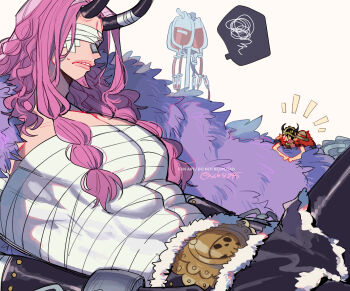 2boys bandages bandages_over_eyes black_hair blood blood_bag cape commentary_request covered_abs facial_hair fake_horns giant goatee hat helmet highres horned_helmet horns loki_(one_piece) long_hair lying male_focus monkey_d._luffy multiple_boys notice_lines on_back one_piece paruma_umu pink_hair red_cape size_difference spoken_squiggle squiggle straw_hat sweatdrop twitter_username