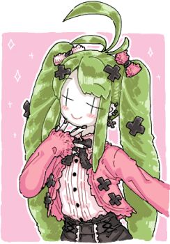 Rule 34 | + +, 1girl, ahoge, alternate costume, black nails, black skirt, blush, buttons, closed mouth, colored skin, fingernails, green hair, jirai kei, long hair, lowres, man (man-room), pink background, pink shirt, shirt, skirt, smile, solo, sparkle, tone sphere, trin (tone sphere), twintails, upper body, white shirt, white skin