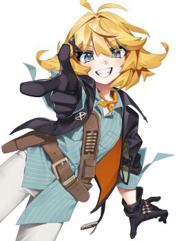 1girl absurdres aqua_eyes bandolier belt black_gloves black_jacket blonde_hair blue_eyes blue_shirt brown_belt collared_shirt commentary dokibird dokibird_(bounty_hunter) english_commentary feather_hair finger_gun gloves grin hair_ornament head_wings highres holster indie_virtual_youtuber jacket king_pinna looking_at_viewer medium_hair neckerchief pants pinstripe_pattern pinstripe_shirt pointing pointing_at_viewer shirt short_hair simple_background smile solo spiked_hair virtual_youtuber white_background white_pants wings x_hair_ornament yellow_neckerchief