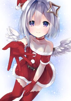 1girl absurdres amane_kanata angel_wings belt black_belt blue_hair blush choker christmas closed_mouth collarbone colored_inner_hair commentary_request dress fur-trimmed_dress fur-trimmed_headwear fur_trim fuyoyo gloves grey_hair hair_between_eyes halo hat highres hololive hololive_christmas_outfit mini_hat multicolored_hair outstretched_arm pom_pom_(clothes) purple_eyes red_choker red_dress red_gloves red_hat red_thighhighs santa_costume santa_hat single_hair_intake smile solo star_halo thighhighs virtual_youtuber white_wings wings yellow_halo