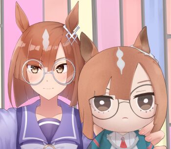 1girl animal_ears averting_eyes blush brown_eyes brown_hair character_doll closed_mouth commentary commission doll embarrassed english_commentary eyebrows_hidden_by_hair flat_chest highres holding holding_doll horse_ears horse_girl ikuno_dictus_(umamusume) jacket medium_hair mitamory purple_jacket round_eyewear school_uniform serafuku solo umamusume upper_body