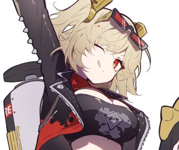 1girl absurdres aitekku black_jacket black_tube_top blonde_hair breasts burnice_white cleavage commentary_request crop_top eyewear_on_head highres jacket large_breasts orange-tinted_eyewear propane_tank red-tinted_eyewear red_eyes smile solo spiked_jacket strapless sunglasses tinted_eyewear tube_top twintails zenless_zone_zero