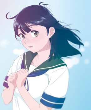 1girl ahoge black_hair blue_neckerchief clenched_hands green_sailor_collar grey_eyes hair_between_eyes kantai_collection long_hair looking_at_viewer neckerchief ojipon own_hands_together parted_lips sailor_collar school_uniform serafuku short_sleeves simple_background solo upper_body ushio_(kancolle)