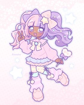1girl absurdres asymmetrical_legwear blunt_bangs bow bowtie candy commentary dark-skinned_female dark_skin english_commentary fairy_kei food footwear_bow frilled_sailor_collar frills full_body hair_bow hair_ornament heart heart-shaped_food heart-shaped_lollipop highres holding holding_candy holding_food holding_lollipop houkiboshii layered_skirt leg_warmers lollipop long_hair long_sleeves looking_at_viewer mismatched_legwear multicolored_hair open_mouth original pantyhose pink_hair pleated_skirt polka_dot polka_dot_bow polka_dot_pantyhose polka_dot_shirt purple_eyes purple_hair sailor_collar shaped_lollipop shirt skirt smile socks solo split-color_hair standing standing_on_one_leg star_(symbol) star_hair_ornament striped_clothes striped_leg_warmers striped_pantyhose twintails v