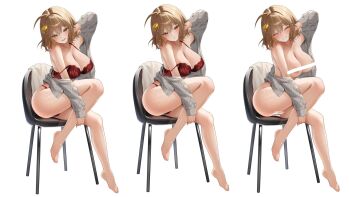 1girl anis_(nikke) bra brown_hair chair full_body goddess_of_victory:_nikke highres lingerie nikotingod nipples nude red_bra simple_background smile solo underwear white_background yellow_eyes