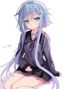 1girl absurdres blue_eyes blue_hair crescent crescent_hair_ornament hair_ornament highres hizaka kantai_collection looking_at_viewer school_uniform serafuku short_hair_with_long_locks sitting skirt solo twitter_username yayoi_(kancolle)