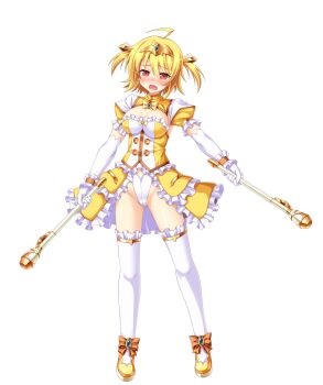 1girl ahoge amagi_nao aoi_masami arty_flare blonde_hair blush breasts chest_jewel cleavage dress dual_wielding elbow_gloves frills full_body game_cg genderswap genderswap_(mtf) gloves highres holding jewelry large_breasts large_variant_set leotard looking_at_viewer magical_girl non-web_source official_art open_mouth puffy_short_sleeves puffy_sleeves red_eyes short_hair short_sleeves showgirl_skirt solo standing thighhighs tiara transparent_background ts_magical_girl_nao twintails two_side_up variant_set white_gloves white_thighhighs