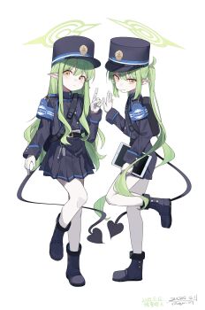 2girls absurdres armband artist_collaboration artist_name backpack bag belt black_bag black_belt black_tail blue_archive blue_armband blue_boots blue_hat blue_jacket blue_shorts blue_skirt blush boots buttoned_cuffs buttons charm_(object) chinese_commentary closed_mouth commentary_request dated demon_girl demon_tail fang from_side full_body gloves green_hair green_halo hair_between_eyes halo hand_up hat highres hikari_(blue_archive) holding holding_tablet_pc index_finger_raised jacket long_hair long_sidelocks long_sleeves looking_at_viewer making-of_available multiple_girls nozomi_(blue_archive) pantyhose peaked_cap pleated_skirt pointy_ears shirt shirt_tucked_in shorts siblings sidelocks signature simple_background sisters skin_fang skirt smile standing standing_on_one_leg tablet_pc tail twins twintails very_long_hair vill_27 wavy_hair wavy_sidelocks white_background white_gloves white_pantyhose white_shirt xiuluoniqia yellow_eyes