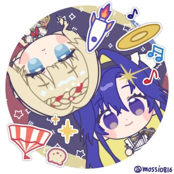 Rule 34 | 2girls, :<, beamed sixteenth notes, black dress, blonde hair, blue background, blue eyes, blue hair, bow (music), brown dress, chibi, closed mouth, colored inner hair, dress, eighth note, hair intakes, highres, holding, holding bow (music), holding instrument, holding violin, instrument, kiperina, long hair, looking at viewer, mossi (mossi0816), multicolored hair, multiple girls, musical note, reverse:1999, rocket, rotational symmetry, round image, smile, sparkle, stuffed animal, stuffed toy, teddy bear, tent, twitter username, upper body, upside-down, violin, voyager (reverse:1999), voyager golden record