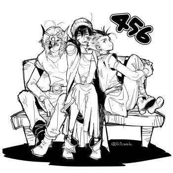 Rule 34 | 3boys, black hair, boots, closed eyes, closed mouth, commentary request, d d work, dragon quest, dragon quest iv, dragon quest v, dragon quest vi, earrings, forehead protector, greyscale, hair between eyes, hat, hero (dq4), hero (dq5), hero (dq6), highres, hugging own legs, jewelry, male focus, monochrome, multiple boys, parted lips, partially shaded face, short hair, single earring, sketch, slime (dragon quest), smile, tunic, twintails, white background, winged headwear