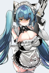 Rule 34 | 1girl, animal ears, apron, arms under breasts, black dress, blue hair, blush, breasts, cat ears, closed mouth, dress, drill hair, elbow gloves, embarrassed, fake animal ears, gloves, goddess of victory: nikke, holding, holding weapon, huge breasts, legwear garter, light blue hair, long hair, maid, maid headdress, neck bell, official alternate costume, paw hair ornament, privaty (nikke), privaty (unkind maid) (nikke), thighhighs, twin drills, twintails, urabanasimati, very long hair, weapon, white apron, white gloves, white thighhighs, yellow eyes