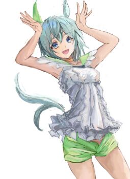 1girl animal_ears armpits blue_eyes breasts choker commentary_request ear_covers green_sailor_collar green_shorts grey_hair hair_between_eyes hands_up horse_ears horse_girl horse_tail looking_at_viewer open_mouth sailor_collar seiun_sky_(reeling_in_the_big_one)_(umamusume) seiun_sky_(umamusume) shirt short_hair shorts simple_background single_ear_cover small_breasts smile solo tail umamusume white_background white_shirt yanagi_wakana yellow_choker