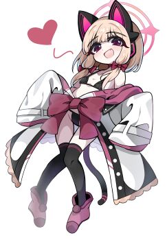 1girl :d absurdres animal_ear_headphones animal_ears bikini black_bikini black_thighhighs blonde_hair blue_archive boots bow cat_ears cat_tail commentary_request deformed fake_animal_ears fang flat_chest full_body hair_bow halo headphones heart highres jacket kkukka41 knees_together_feet_apart long_sleeves looking_at_viewer medium_hair micro_bikini momoi_(blue_archive) open_clothes open_jacket open_mouth pink_boots pink_halo red_bow red_eyes sidelocks simple_background sleeves_past_fingers sleeves_past_wrists smile solo swimsuit tail thighhighs white_background white_jacket