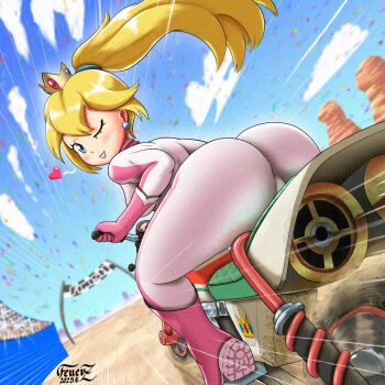 Rule 34 | 1girl, artist name, ass, biker clothes, bikesuit, blonde hair, blue eyes, blush, bodysuit, boots, breasts, crowd, from behind, heart, highres, huge ass, large breasts, legs, long hair, mario (series), mario kart, motor vehicle, motorcycle, nintendo, one eye closed, parted lips, pink lips, ponytail, princess, princess peach, riding motorcycle, sideboob, sitting, solo, teeth, thick thighs, thighs