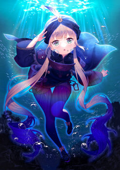 1other absurdres anchor blue_hair blue_legwear captain_nemo_(fate) captain_nemo_(third_ascension)_(fate) fate/grand_order fate_(series) fish footwear_ribbon highres huge_filesize lemonpear light_brown_hair long_hair long_sleeves military military_uniform naval_uniform nemo_(fate) ocean outdoors shorts solo swimming trap turban twintails underwater water