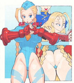 Rule 34 | 2girls, ass, blonde hair, blue eyes, braid, breasts, cammy white, capcom, chun-li, english text, gauntlets, highres, huge ass, inkerton-kun, legs, leotard, multiple girls, multiple views, ribbed leotard, street fighter, street fighter zero, street fighter zero (series)