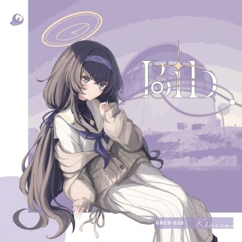 Rule 34 | 1girl, album cover, arm support, bags under eyes, black hair, black shirt, blue archive, buttons, closed mouth, commentary request, cover, crossed bangs, feet out of frame, hair between eyes, hair ribbon, hairband, halo, hand up, highres, invisible chair, jewelry, long hair, long skirt, long sleeves, looking at viewer, low twintails, neckerchief, necklace, off shoulder, pinching sleeves, pleated skirt, puffy long sleeves, puffy sleeves, purple eyes, purple hairband, purple neckerchief, purple ribbon, purple sweater, ribbon, sailor collar, school uniform, second-party source, serafuku, shirayui (shirakawaui), shirt, shirt under shirt, signature, sitting, skirt, sleeves past wrists, solo, sweater, turtleneck, turtleneck shirt, twintails, ui (blue archive), white sailor collar, white shirt, white skirt, yellow halo