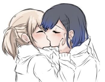 2girls azusawa_kohane black_hair blue_hair blush brown_hair closed_eyes commentary english_commentary gradient_hair hand_on_another&#039;s_face highres kiss multicolored_hair multiple_girls partially_colored project_sekai scarf school_uniform serafuku shiraishi_an twintails upper_body yumichisucake yuri