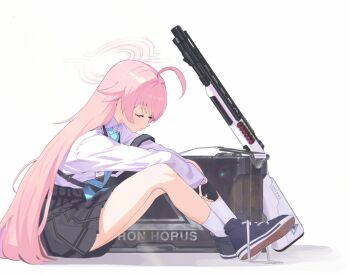 1girl ahoge beretta_1301 black_footwear black_gloves black_skirt blue_archive blue_necktie briefcase chest_harness closed_eyes collared_shirt commentary_request crossed_legs fingerless_gloves full_body gloves gun hair_flaps halo harness highres hoshino_(blue_archive) huge_ahoge jaeb_(kkrt0302) knees_up korean_commentary long_hair long_sleeves md5_mismatch necktie parted_lips pink_hair pink_halo plaid_clothes plaid_skirt pleated_skirt resolution_mismatch shirt shirt_tucked_in simple_background sitting skirt socks solo source_smaller thighs weapon white_background white_shirt white_socks