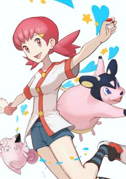 1girl :d black_shirt breasts buttons clefairy commentary_request dedekirumon eyelashes gen_1_pokemon gen_2_pokemon hair_ornament hairclip highres holding holding_poke_ball jacket miltank nintendo open_mouth outstretched_arms pink_eyes pink_hair poke_ball poke_ball_(basic) pokemon pokemon_(creature) pokemon_hgss shirt shoes shorts smile socks striped_clothes striped_socks tongue twintails white_jacket whitney_(pokemon) wristband