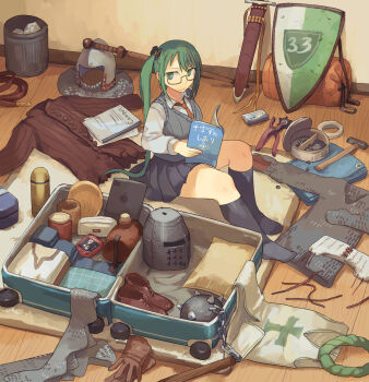 .live 1girl armor black_socks chainmail container flail glasses green_eyes green_hair gregorius_yamada grey_vest hammer helmet indoors kagura_suzu_(.live) medium_hair necktie reading shield shoes side_ponytail skirt socks striped_necktie suitcase sweater_vest sword tablet_pc tools trash_can vest virtual_youtuber weapon wooden_floor