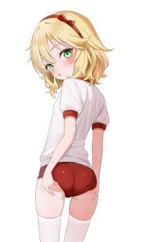 1girl absurdres ass blonde_hair blush bow buruma fella_(vpffk0731) from_behind grabbing_own_ass green_eyes gym_uniform hair_bow hairband highres idolmaster idolmaster_cinderella_girls loli looking_at_viewer looking_back open_mouth red_bow red_buruma sakurai_momoka shirt short_hair short_sleeves simple_background solo standing thighhighs white_background white_shirt white_thighhighs