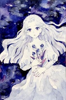1girl collarbone dress flower hair_flowing_over holding holding_flower juliet_sleeves lipstick long_dress long_hair long_sleeves makeup mmo_07 multicolored_flower nail_polish open_mouth original painting_(medium) puffy_sleeves purple_background purple_eyes scan signature simple_background solo traditional_media tulip watercolor_(medium) white_dress white_flower white_hair white_tulip