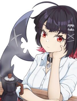 1girl absurdres ahoge black_hair breasts closed_mouth coffee_maker collared_shirt commentary_request dress_shirt ellen_joe feiyyx fins fish_tail hair_ornament hairclip hand_up highres long_sleeves looking_at_viewer medium_breasts mole mole_under_eye multicolored_hair red_eyes red_hair shark_tail shirt short_sleeves simple_background solo tail two-tone_hair upper_body white_background white_shirt x_hair_ornament zenless_zone_zero