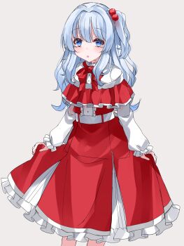 Rule 34 | 1girl, :o, blue eyes, blue hair, bow, bowtie, breasts, capelet, commentary request, curious, dress, hair between eyes, hair bobbles, hair ornament, highres, long hair, long sleeves, looking at viewer, mystic square, nanatuki13, red bow, red bowtie, red capelet, red dress, shinki (touhou), side ponytail, small breasts, solo, touhou, touhou (pc-98), very long hair