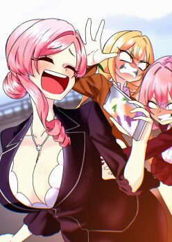 Rule 34 | 3girls, angry, blonde hair, breasts, cleavage, clenched teeth, closed eyes, collarbone, female focus, hanazono hahari, hanazono hakari, holding, holding phone, inda karane, jewelry, kangara0117, kimi no koto ga dai dai dai dai daisuki na 100-nin no kanojo, large breasts, mature female, mole, mole under eye, mother and daughter, multiple girls, necklace, open mouth, phone, pink hair, smile, teeth