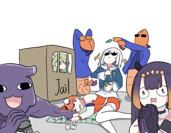 4girls :d bare_shoulders black_dress black_gloves blue_hair blue_hoodie blue_jacket board_game brown_hair ceres_fauna ceres_fauna_(1st_costume) chef_hat closed_mouth commentary detached_sleeves drawstring dress fang fong_(fongthe0125) gawr_gura gawr_gura_(1st_costume) gloves gradient_hair hashtag-only_commentary hat highres hololive hololive_english hood hood_down hoodie imagine_your_ocs_like_(meme) interlocked_fingers jacket knees_together_feet_apart long_sleeves lying meme mini_hat monopoly multicolored_hair multiple_girls ninomae_ina&#039;nis ninomae_ina&#039;nis_(1st_costume) on_side open_clothes open_jacket open_mouth orange_hair orange_shorts outstretched_arms own_hands_clasped own_hands_together puffy_long_sleeves puffy_sleeves purple_hair red_hat shorts smile strapless strapless_dress streaked_hair sunglasses symbol-only_commentary takanashi_kiara takanashi_kiara_(1st_costume) takodachi_(ninomae_ina&#039;nis) thighhighs virtual_youtuber wavy_eyes wavy_mouth white_background white_hair white_hat white_sleeves white_thighhighs